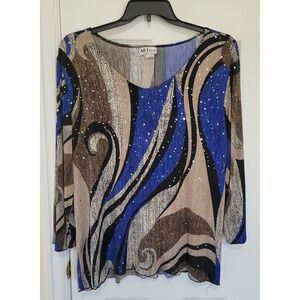 All Hours Abstract Swirl Rhinestone Top Blue Brown Black XXL 057-599 Made in USA